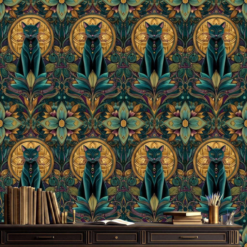 a vibrant and intricate wallpaper pattern with a repeating design of cats and flowers in shades of green, gold, and purple. The cats are depicted in various poses, and the flowers are arranged in a symmetrical and ornate manner. The wallpaper appears to be a part of a larger room or space, as there is a wooden desk and a bookshelf visible in the background.