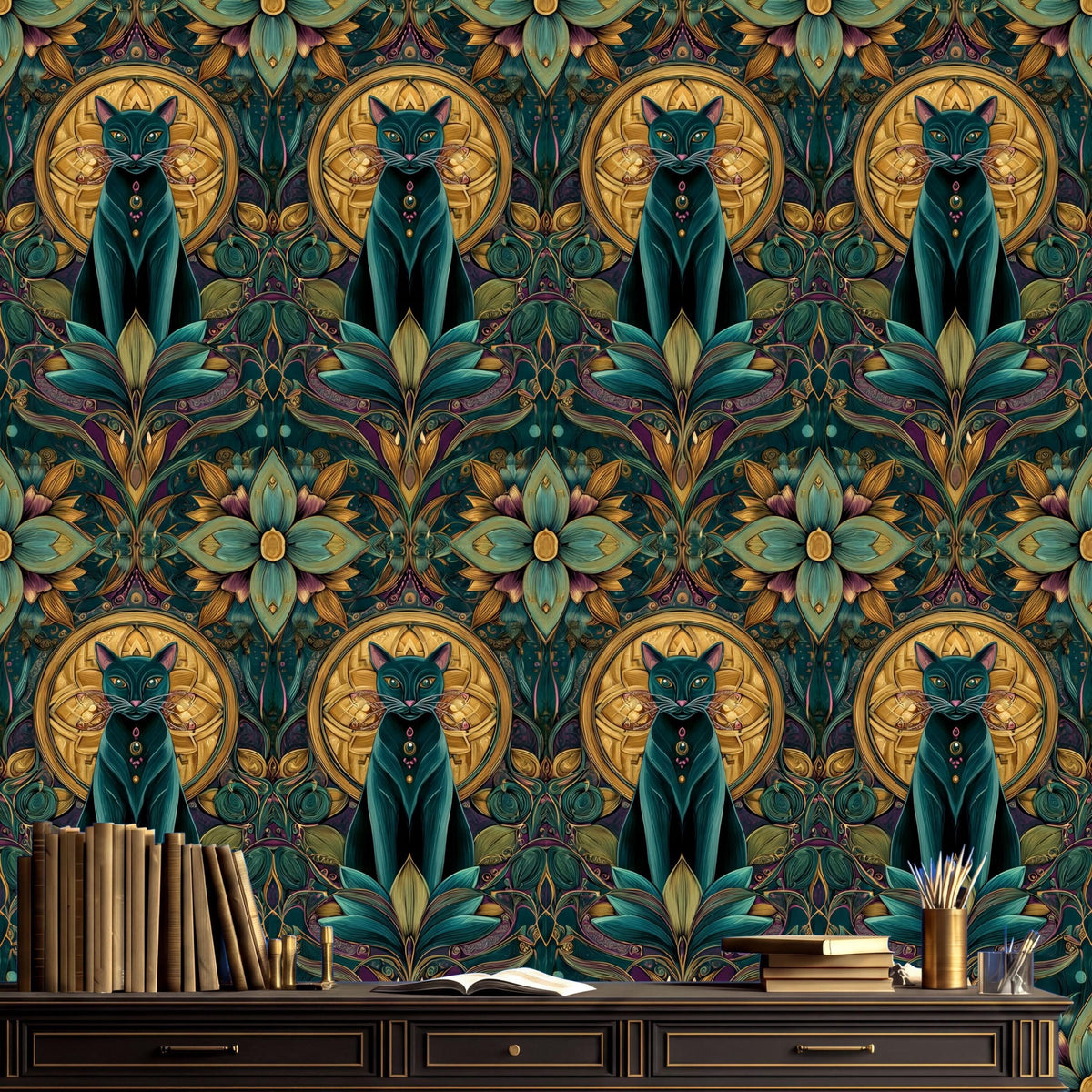 a vibrant and intricate wallpaper pattern with a repeating design of cats and flowers in shades of green, gold, and purple. The cats are depicted in various poses, and the flowers are arranged in a symmetrical and ornate manner. The wallpaper appears to be a part of a larger room or space, as there is a wooden desk and a bookshelf visible in the background.