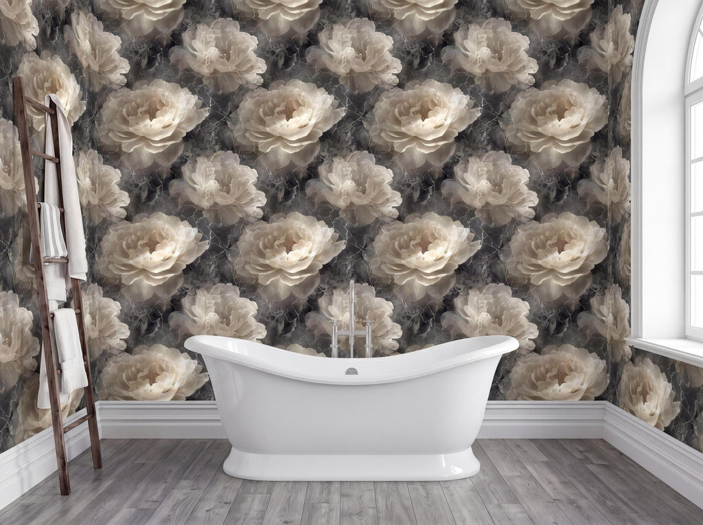 a luxurious bathroom with a freestanding bathtub in the center, surrounded by a wall adorned with a repeating pattern of large white flowers. The wall is decorated with a dark gray and white color scheme, creating a striking contrast with the white bathtub. A wooden ladder is visible on the left side of the image, adding a rustic touch to the overall design.