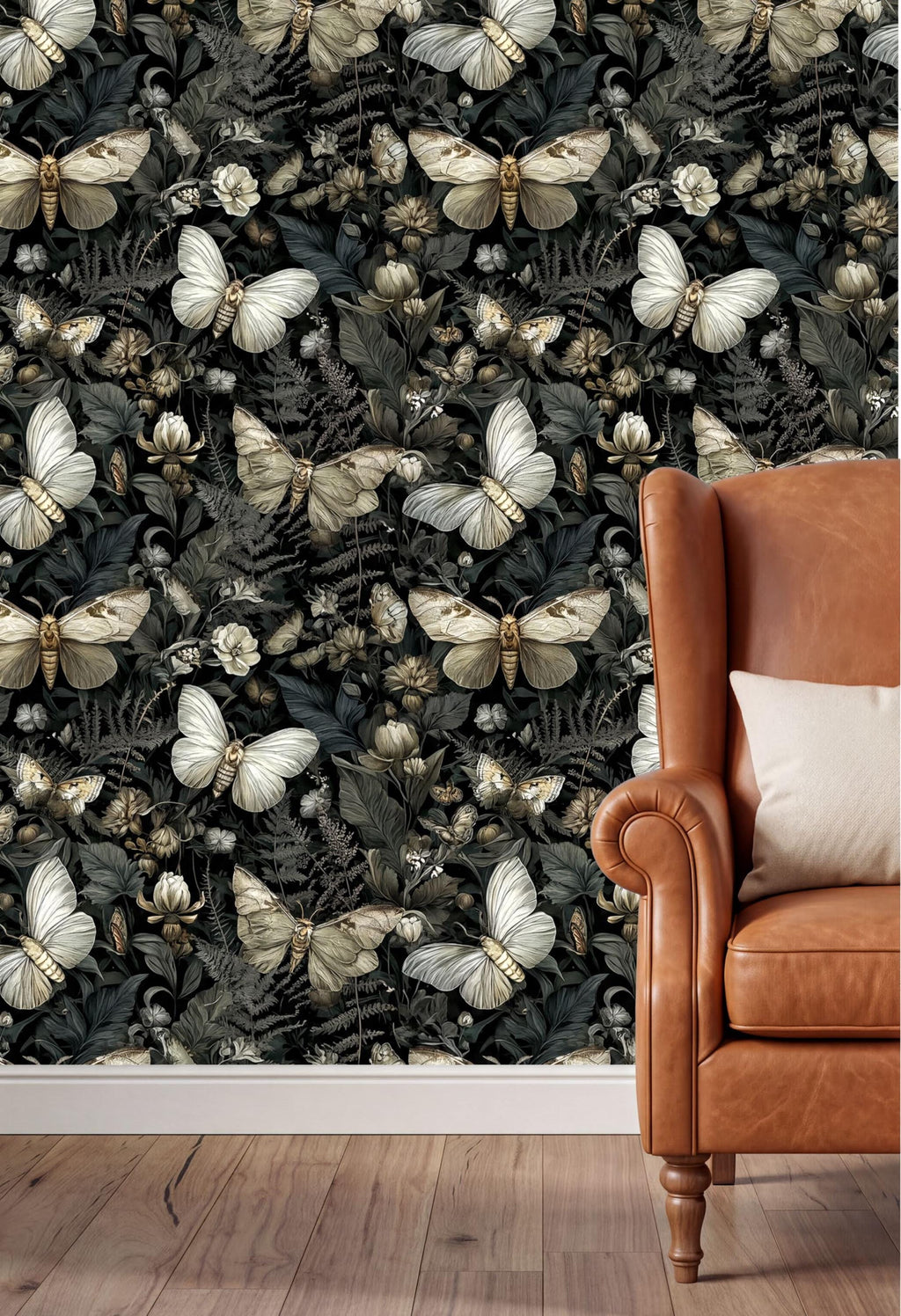 a wallpapered wall with a repeating pattern of white butterflies and green foliage, creating a lush and vibrant atmosphere. In the foreground, there is a brown leather armchair with a white pillow, providing a cozy and inviting setting.