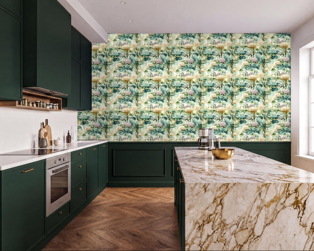 a modern kitchen with a marble countertop and dark green cabinets. The walls are covered in a vibrant floral wallpaper, creating a lively and colorful atmosphere. The kitchen features a large island with a marble top, and various kitchen appliances and accessories are visible on the countertops.
