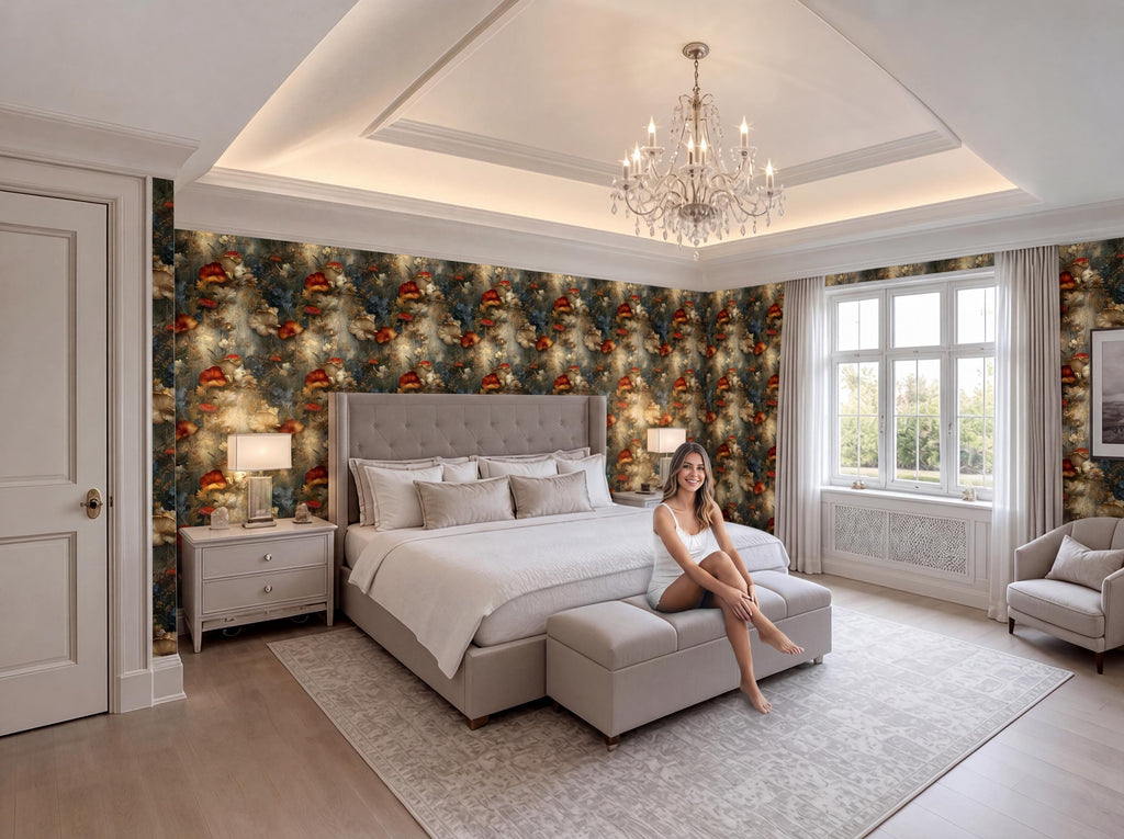 A woman sits on a bench in a luxurious bedroom with a large bed, a chandelier, and a patterned wallpaper.