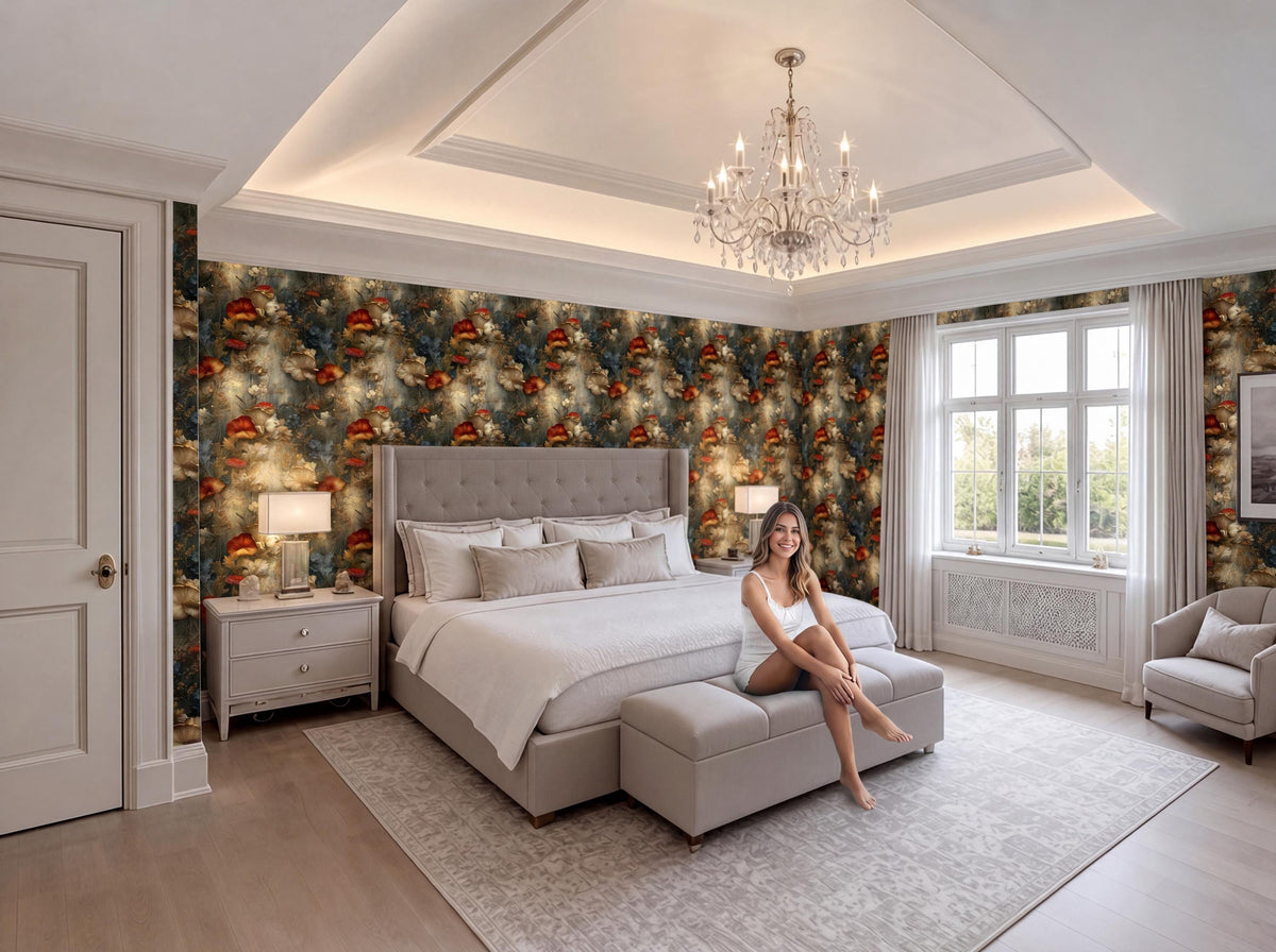 A woman sits on a bench in a luxurious bedroom with a large bed, a chandelier, and a patterned wallpaper.