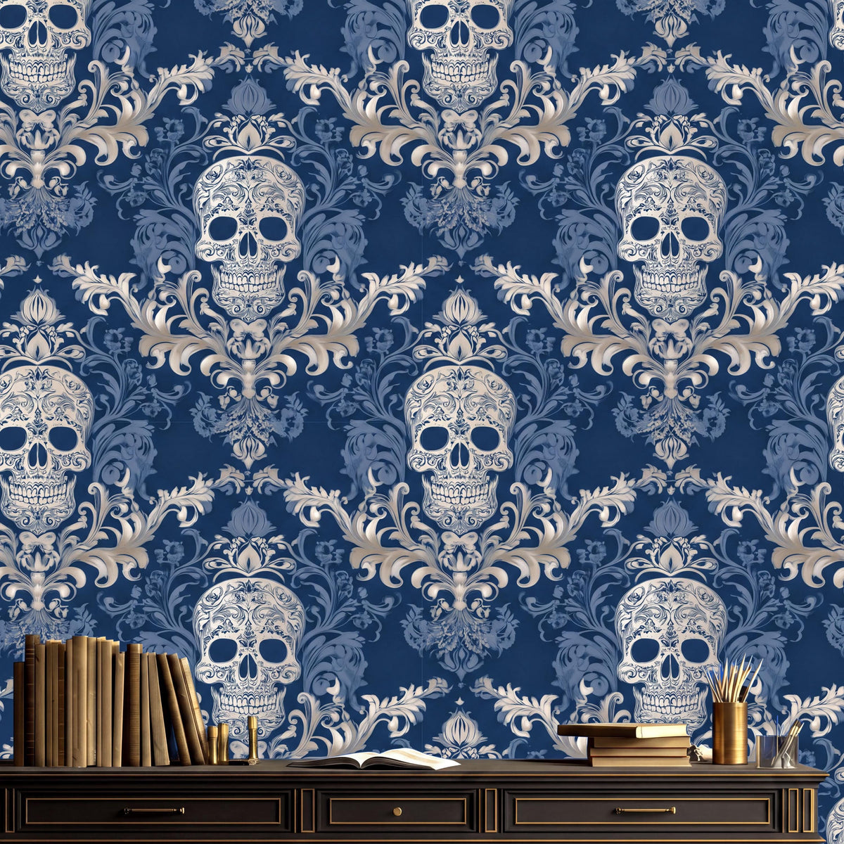 a dark blue wallpaper with a repeating pattern of white skulls and ornate floral designs. In the foreground, there is a wooden dresser with a stack of books and a vase of flowers.