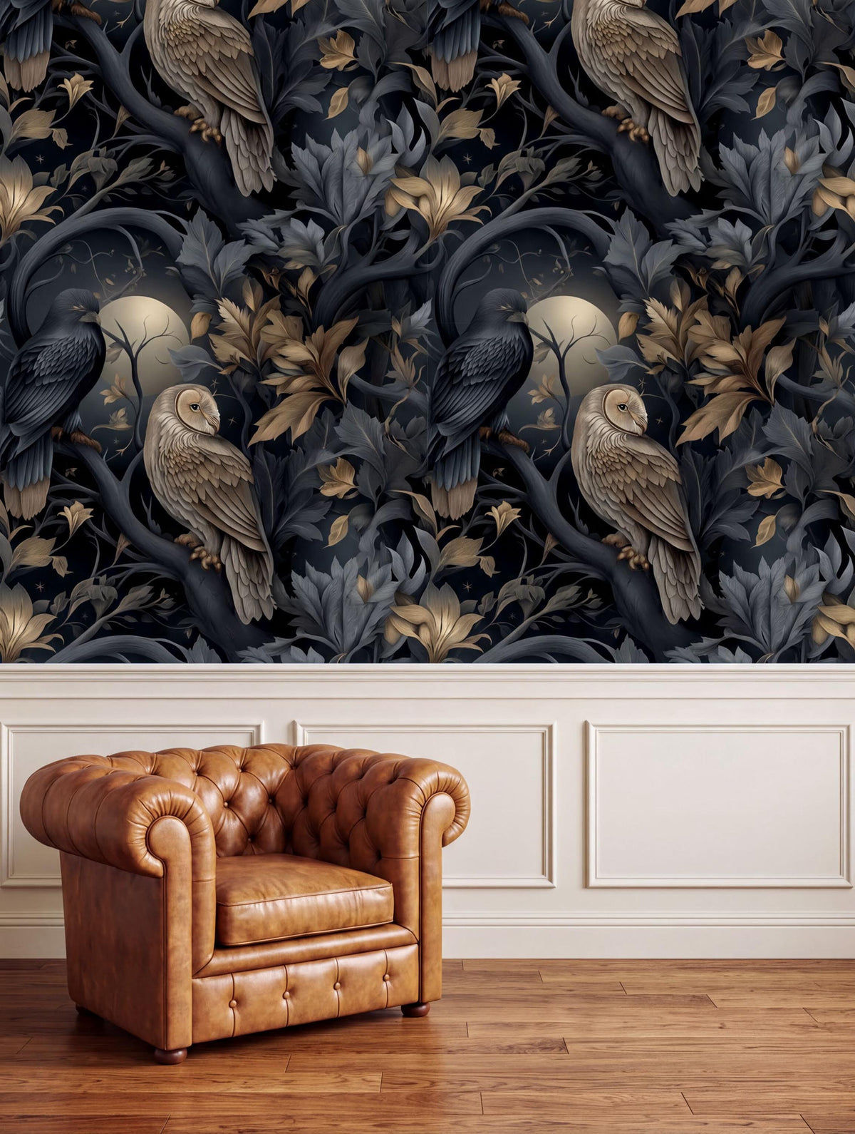 a dark, ornate wallpaper with a pattern of owls and leaves, creating a forest-like atmosphere. In the foreground, there is a brown leather armchair, and the background has a white wall with a panel design.