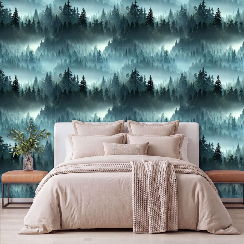 a bedroom with a large bed, a wooden nightstand, and a vase of greenery on the nightstand. The wall behind the bed has a wallpaper depicting a forest scene with misty mountains.