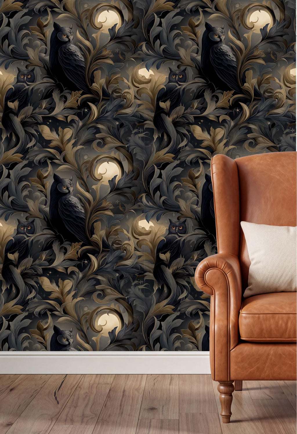 a dark, ornate wallpaper with a repeating pattern of owls and a moon, creating a dark and moody atmosphere. In the foreground, there is a brown leather armchair with a white pillow on it, providing a contrast to the dark wallpaper.