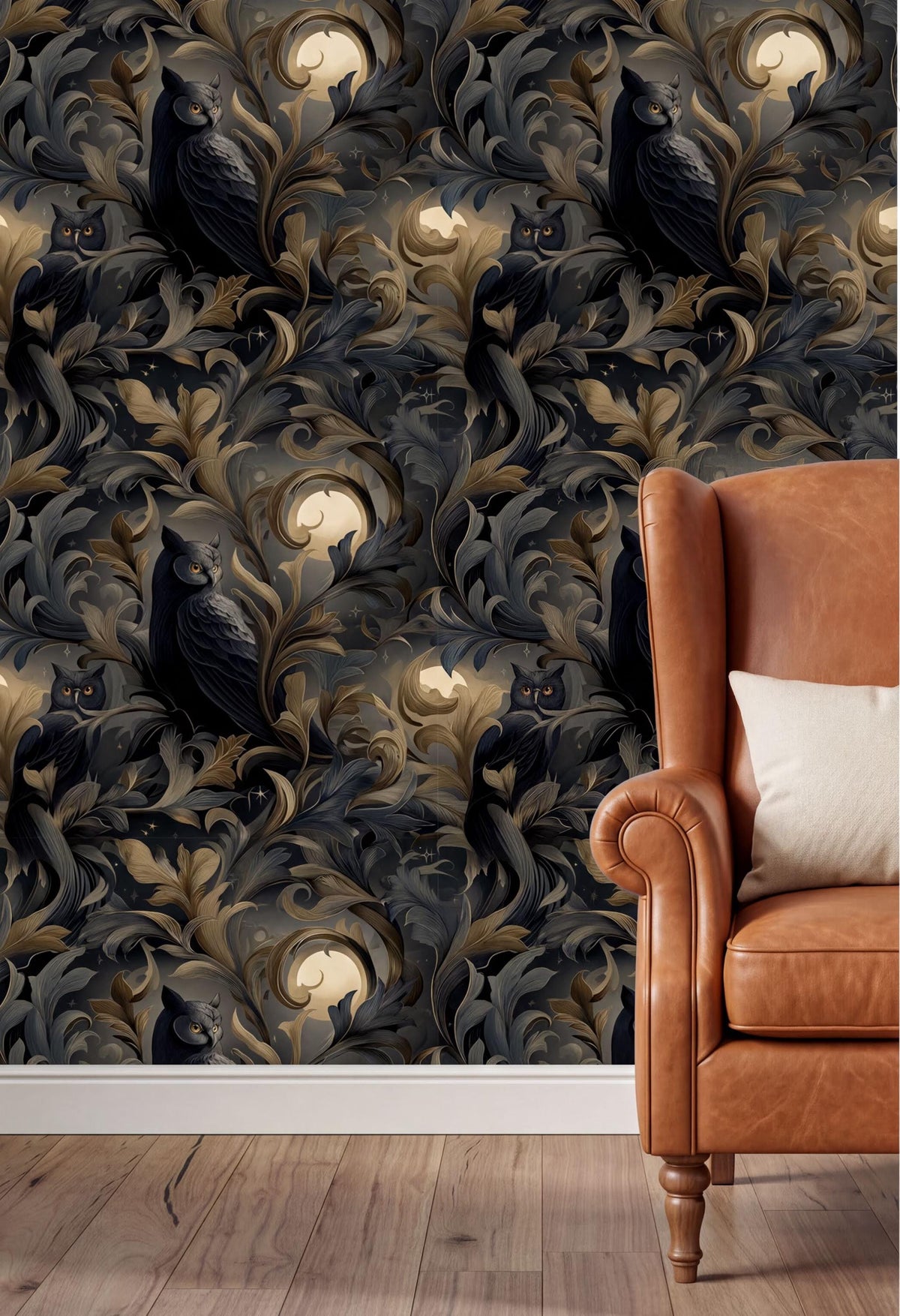 a dark, ornate wallpaper with a repeating pattern of owls and a moon, creating a dark and moody atmosphere. In the foreground, there is a brown leather armchair with a white pillow on it, providing a contrast to the dark wallpaper.