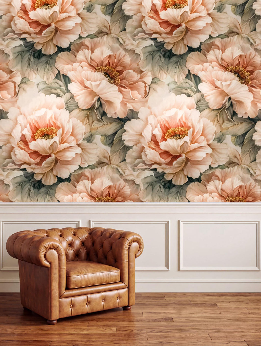 a large floral wallpaper with peach-colored flowers and green leaves, creating a warm and inviting atmosphere. In the foreground, there is a brown leather armchair, which adds a touch of elegance and comfort to the scene. The arrangement of the armchair and the wallpaper creates a harmonious and visually appealing composition.