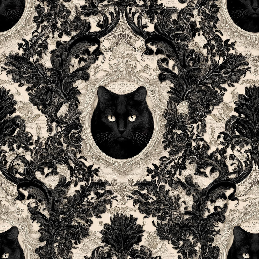 a black cat with a detailed, ornate frame surrounding it, creating a striking and visually captivating pattern.