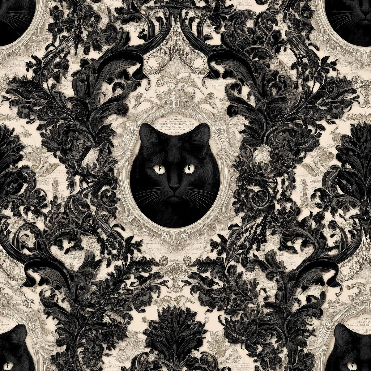 a black cat with a detailed, ornate frame surrounding it, creating a striking and visually captivating pattern.