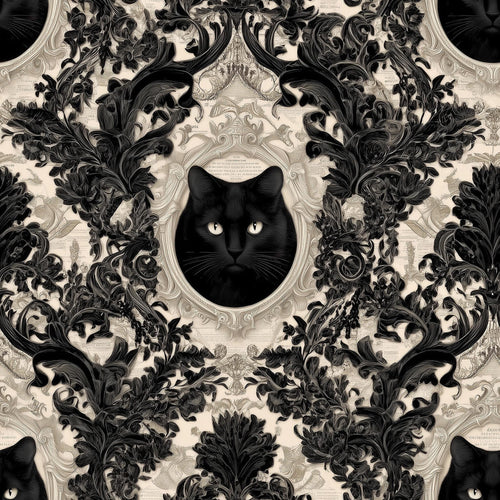 a black cat with a detailed, ornate frame surrounding it, creating a striking and visually captivating pattern.