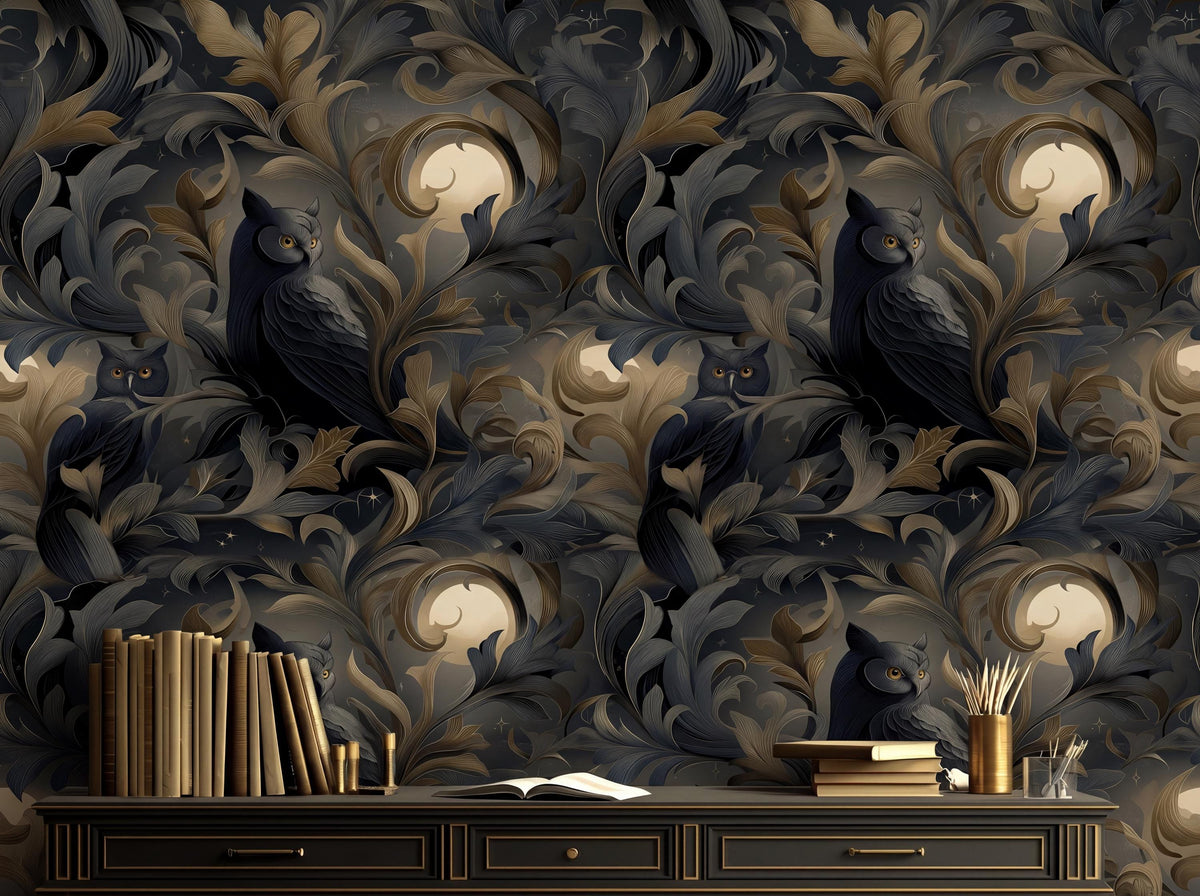 a dark, ornate wallpaper with a repeating pattern of owls and leaves. On a wooden shelf below the wallpaper, there are several books and a cup.