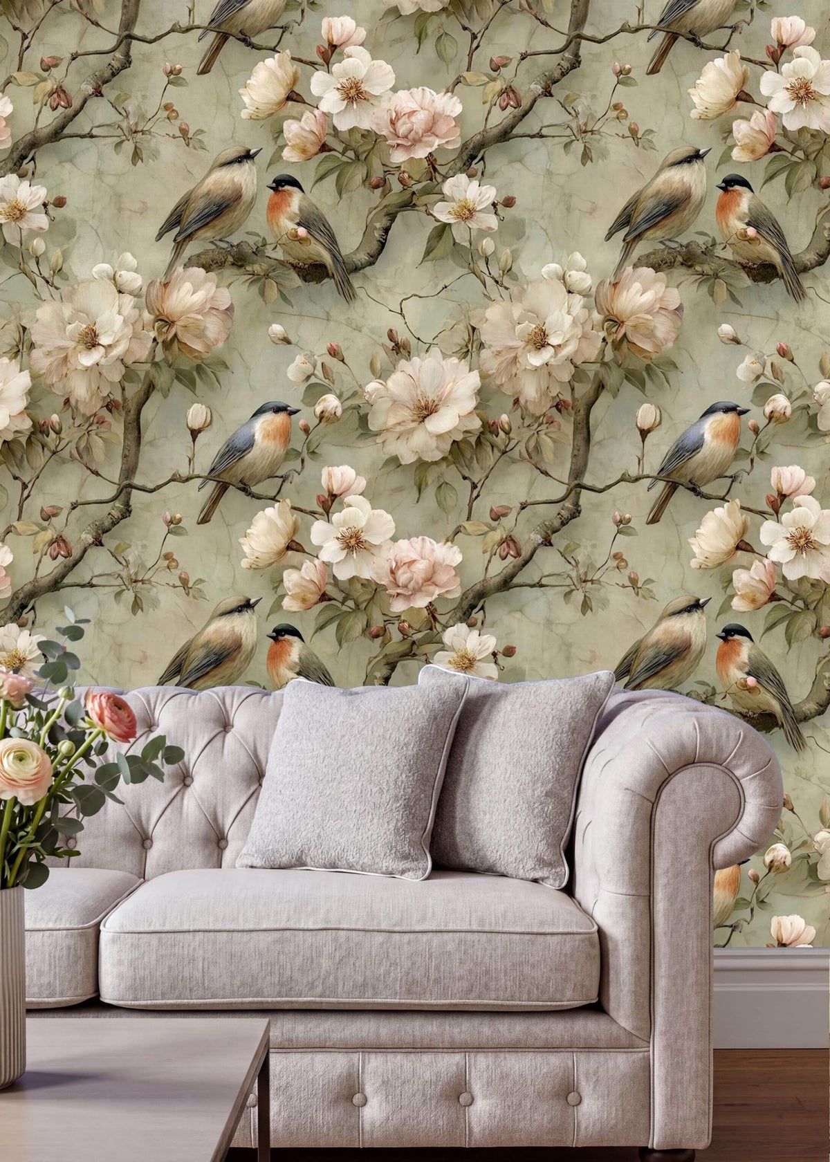 a cozy living room with a white tufted sofa and a vase of flowers on a coffee table. The walls are adorned with a floral wallpaper pattern of birds perched on branches and flowers.