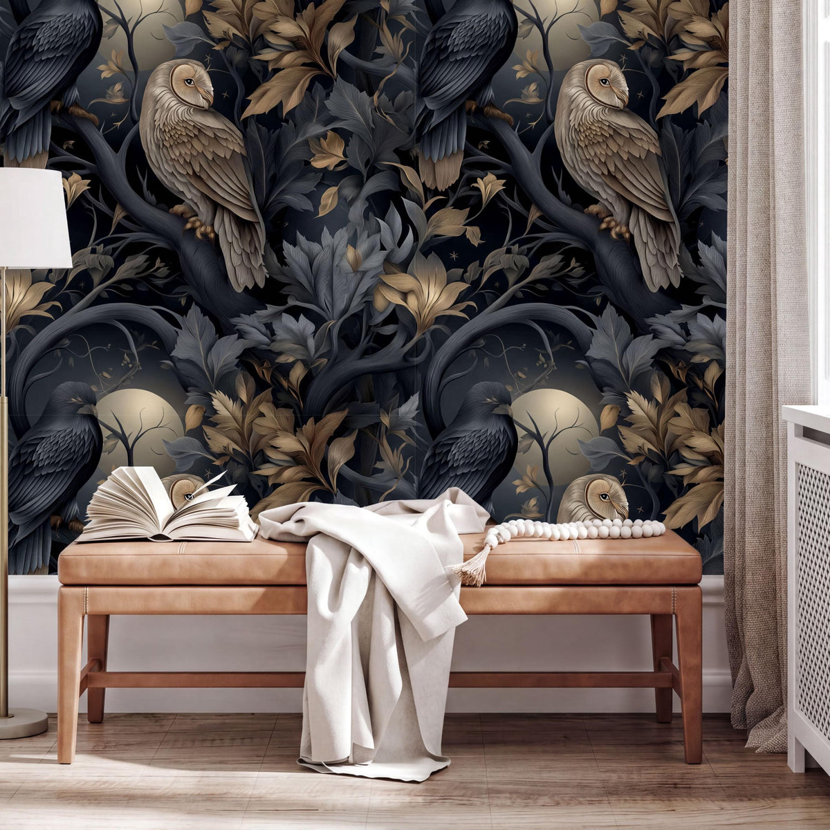 a dark, ornate wallpaper with a detailed illustration of owls and other birds in a lush, forest-like setting. The wallpaper is the focal point of the room, with a wooden bench in the foreground and a lamp on the side. The overall design and color scheme create a sophisticated and elegant atmosphere.