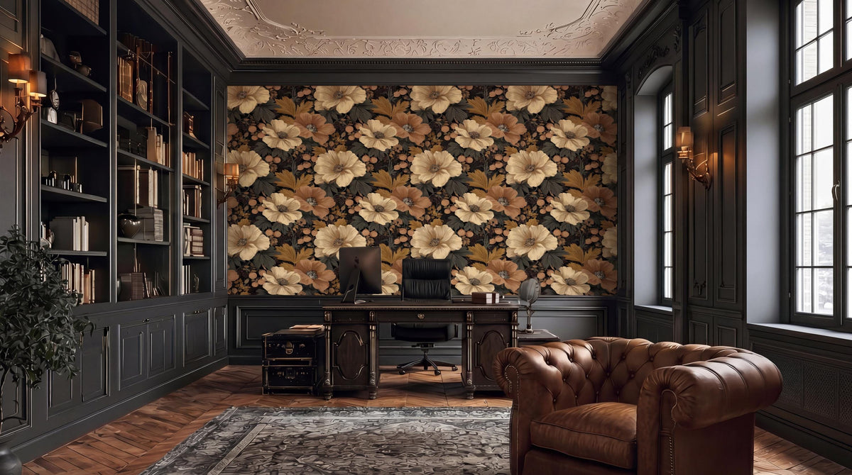 a luxurious and elegant home office with a large floral wallpaper covering the wall behind a desk. The room is furnished with a tufted leather armchair, a wooden desk, and a large window that allows natural light to enter the space.
