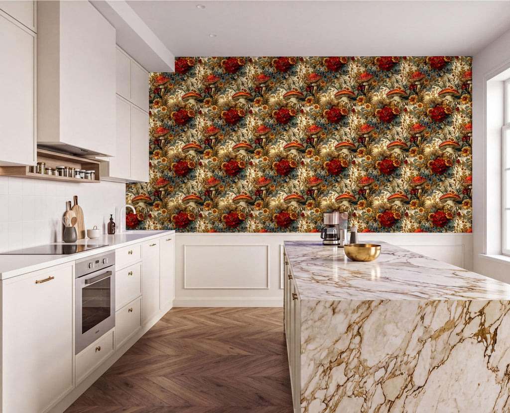 a modern kitchen with a large, colorful floral wallpaper covering the wall behind the marble countertop. The kitchen features white cabinets, a marble countertop, and a stainless steel oven.