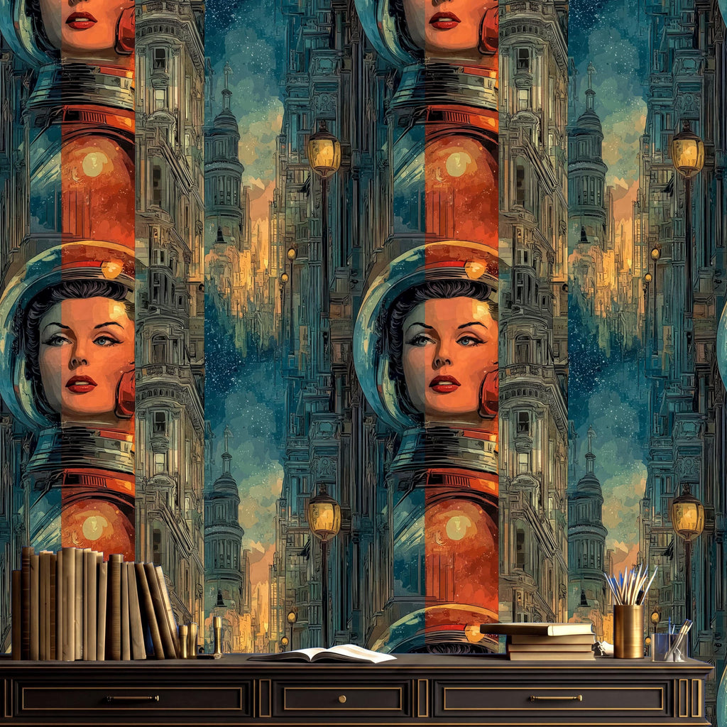 The image is a wallpaper with a repeating pattern of a woman's face wearing a spacesuit, set against a backdrop of a cityscape. The wallpaper is framed by a black shelf with books and a lamp.