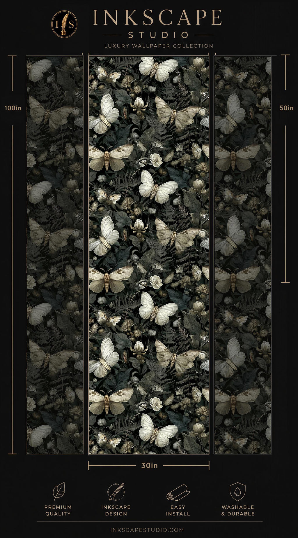The image is a collage of three vertical panels, each featuring a repeating pattern of white butterflies against a dark background. The panels are arranged in a vertical format, with the largest panel at the bottom and the smallest at the top. The image does not contain any text, and the focus is on the visual elements of the pattern.