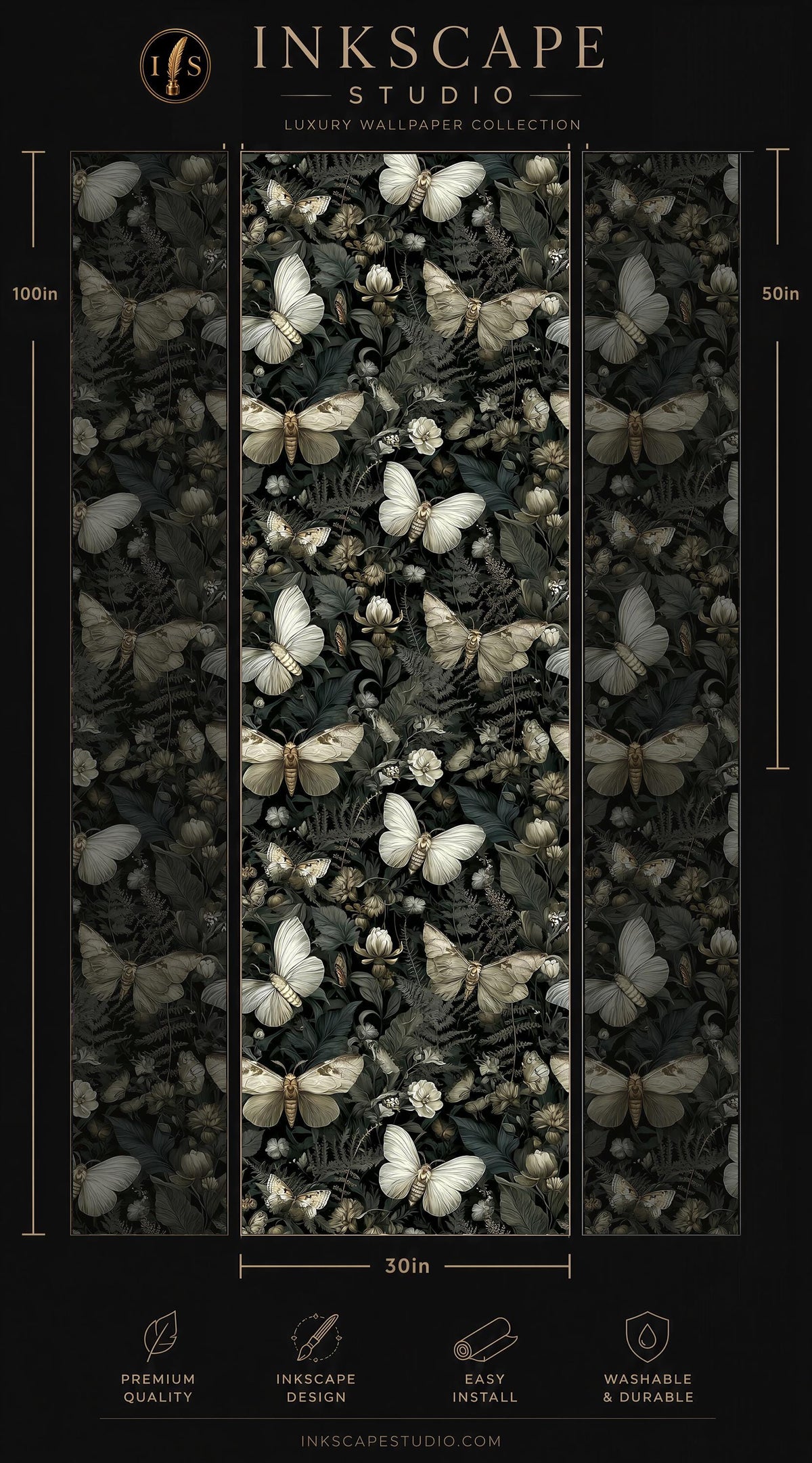 The image is a collage of three vertical panels, each featuring a repeating pattern of white butterflies against a dark background. The panels are arranged in a vertical format, with the largest panel at the bottom and the smallest at the top. The image does not contain any text, and the focus is on the visual elements of the pattern.