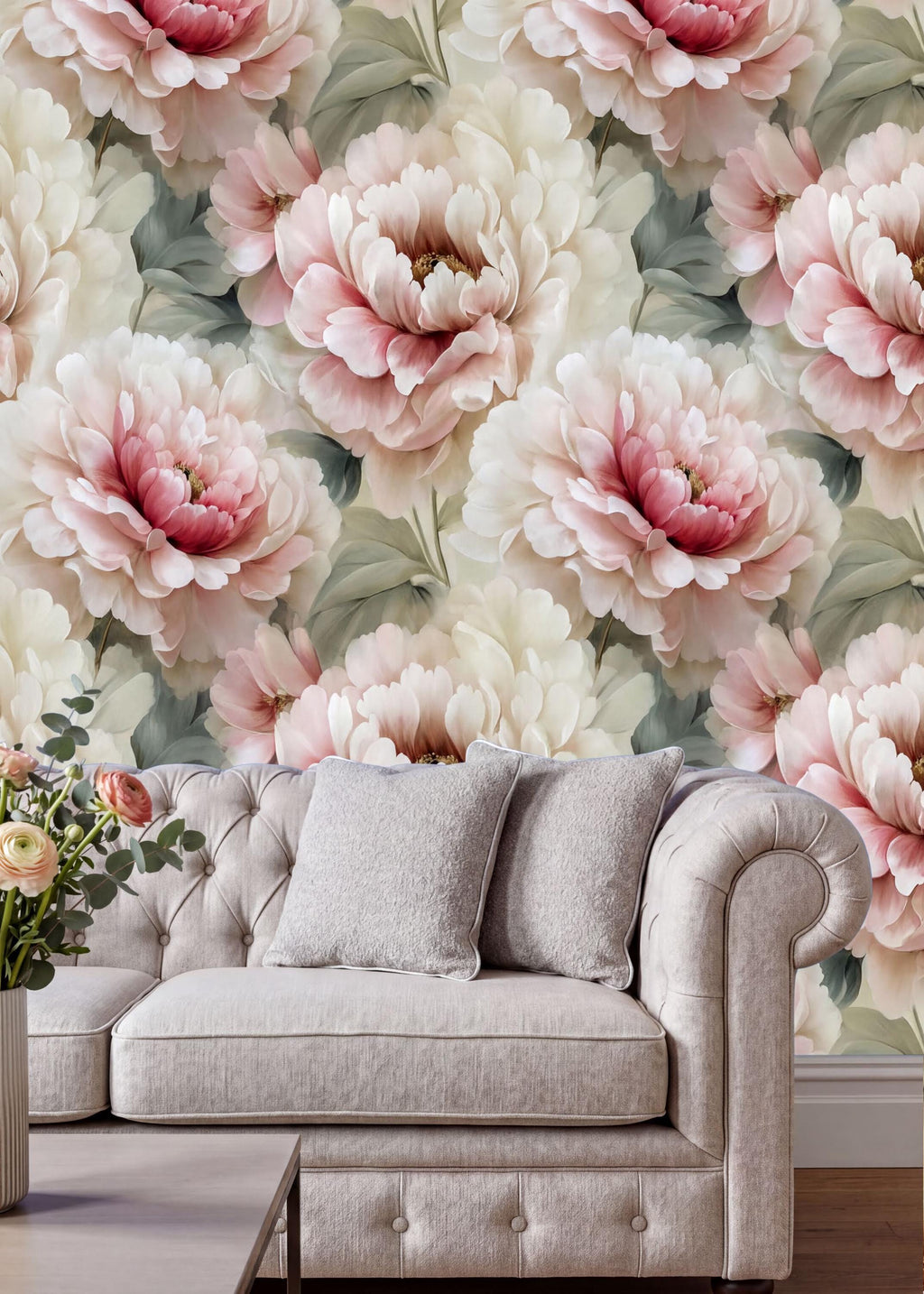 a large floral wallpaper with pink and white flowers, creating a beautiful and elegant backdrop for a white sofa with gray pillows.