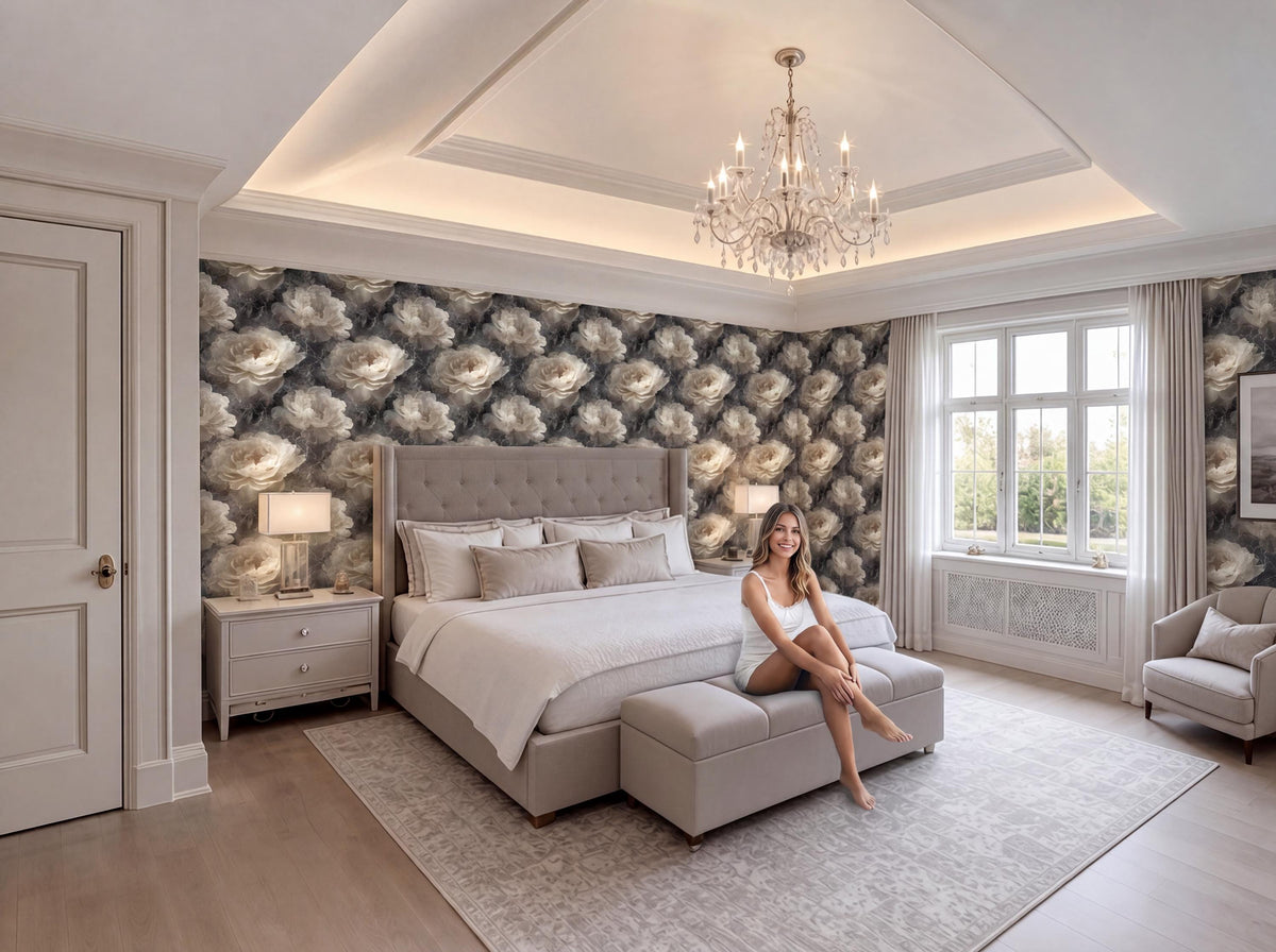 A woman sits on a bench in a luxurious bedroom with a large bed, a chandelier, and a floral wallpaper.