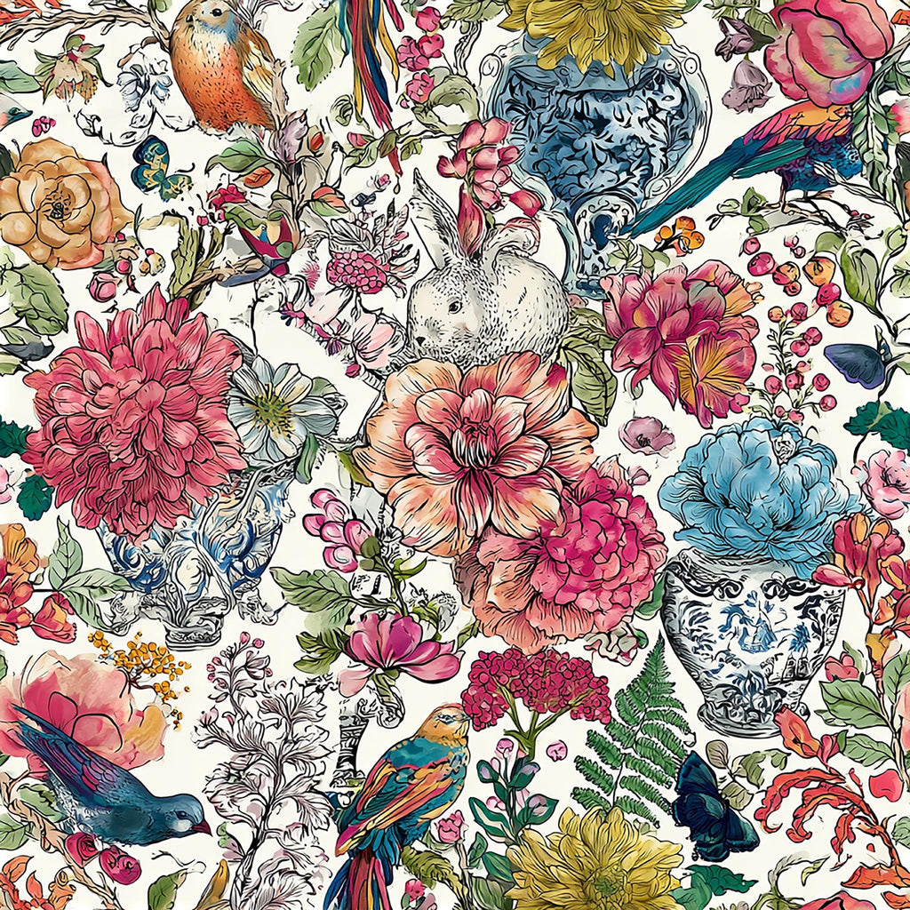 The image is a vibrant and colorful collage featuring various flowers, birds, and other natural elements.