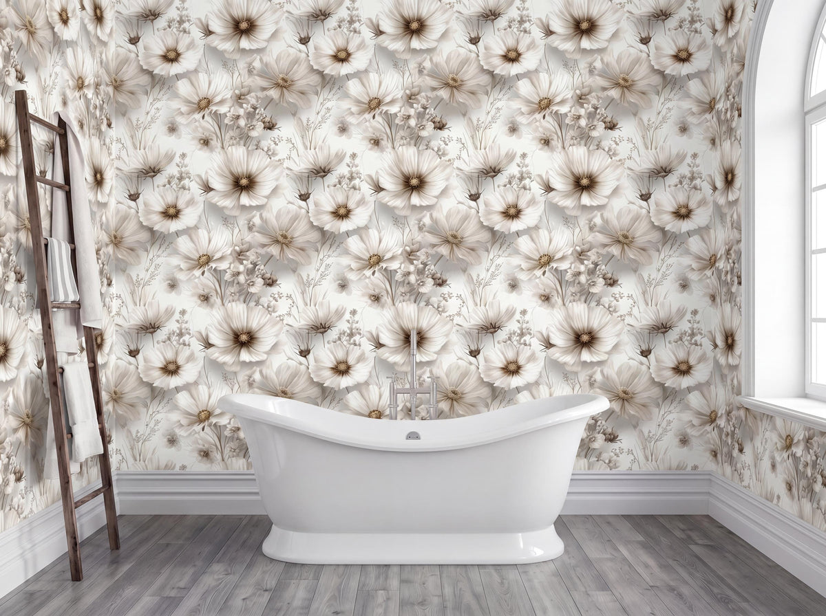 a bathroom with a white freestanding bathtub in the center, surrounded by a floral wallpaper pattern. A wooden ladder is leaning against the wall next to the bathtub.