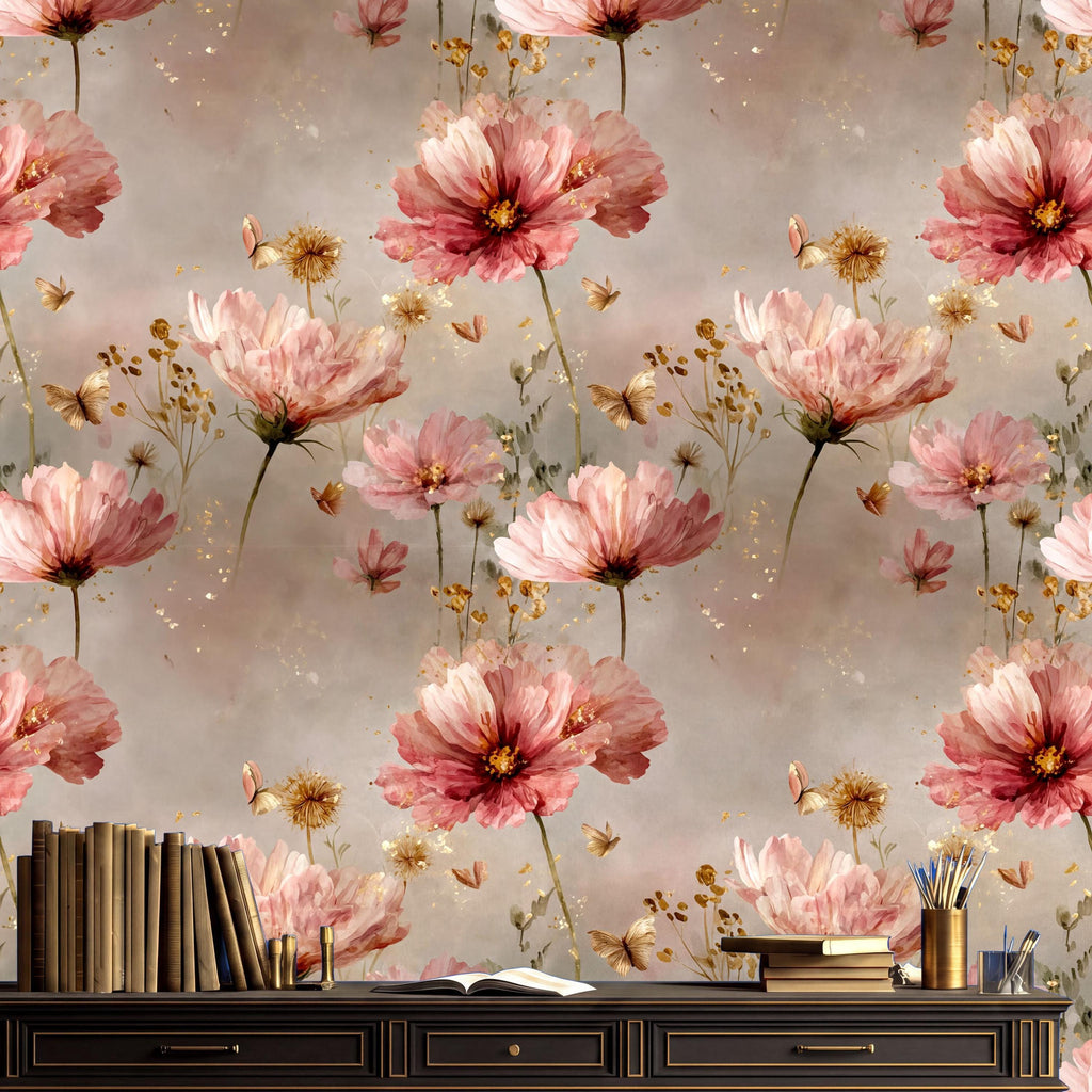 a wallpapered wall with a floral pattern of pink and white flowers, along with some books and a vase on a shelf below the wall.