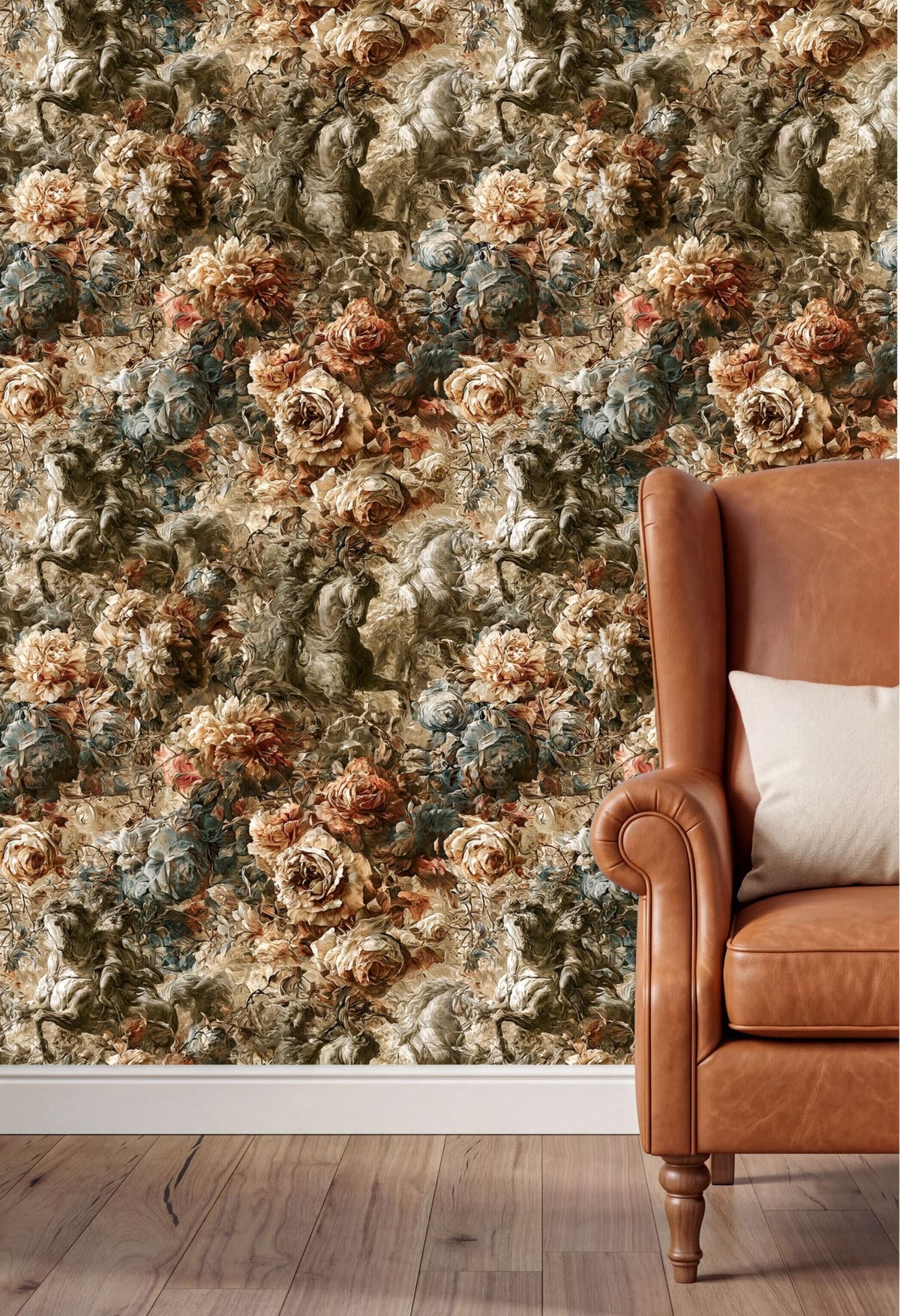a wallpapered wall with a floral pattern, a brown leather armchair, and a wooden floor.