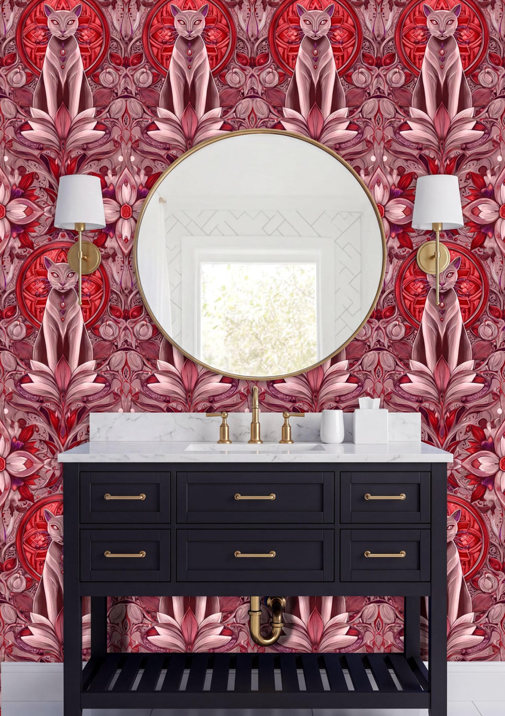 a bathroom vanity with a black countertop and a round mirror above it. The wall behind the vanity has a vibrant, floral-patterned wallpaper in shades of red and pink. There are two white lamps on either side of the vanity, and the overall color scheme and design of the bathroom create a cohesive and visually appealing aesthetic.