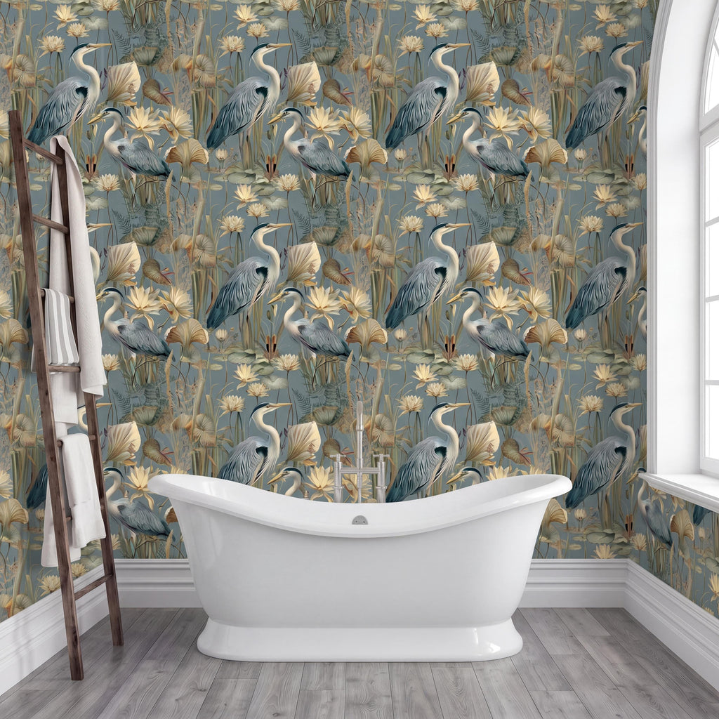 a bathroom with a white freestanding bathtub in the center, surrounded by a wall with a repeating pattern of blue and yellow birds and flowers. A wooden ladder is leaning against the wall on the left side of the image.