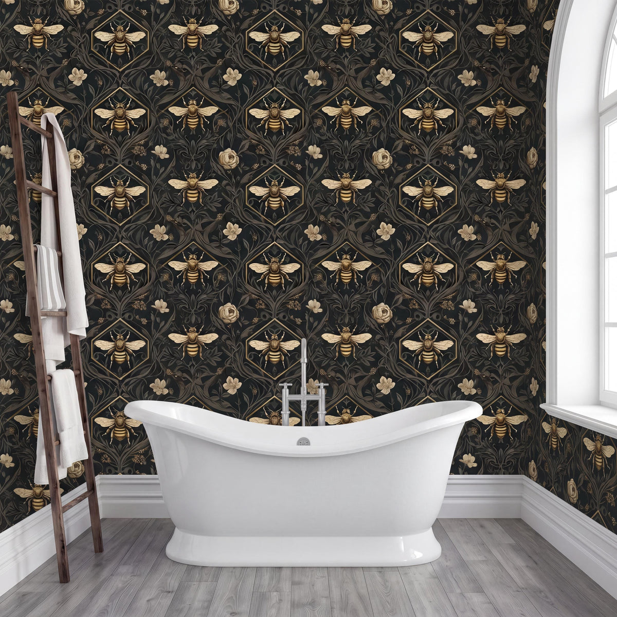 a bathroom with a white freestanding bathtub in the center, surrounded by a wall with a repeating pattern of bees and flowers in gold and black. A wooden ladder is leaning against the wall next to the bathtub.