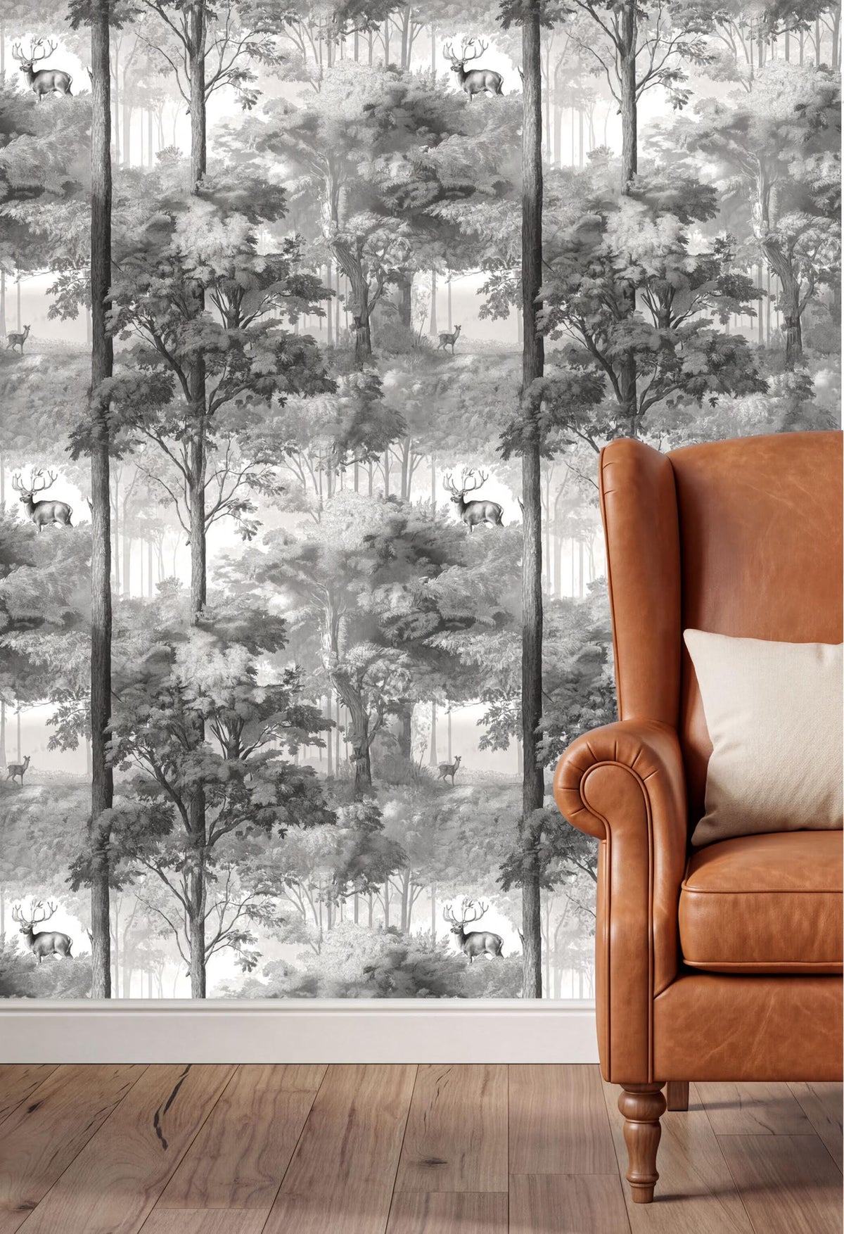 a wallpaper with a forest scene, including trees, deer, and a winding path, and a brown leather armchair with a white pillow in the foreground.