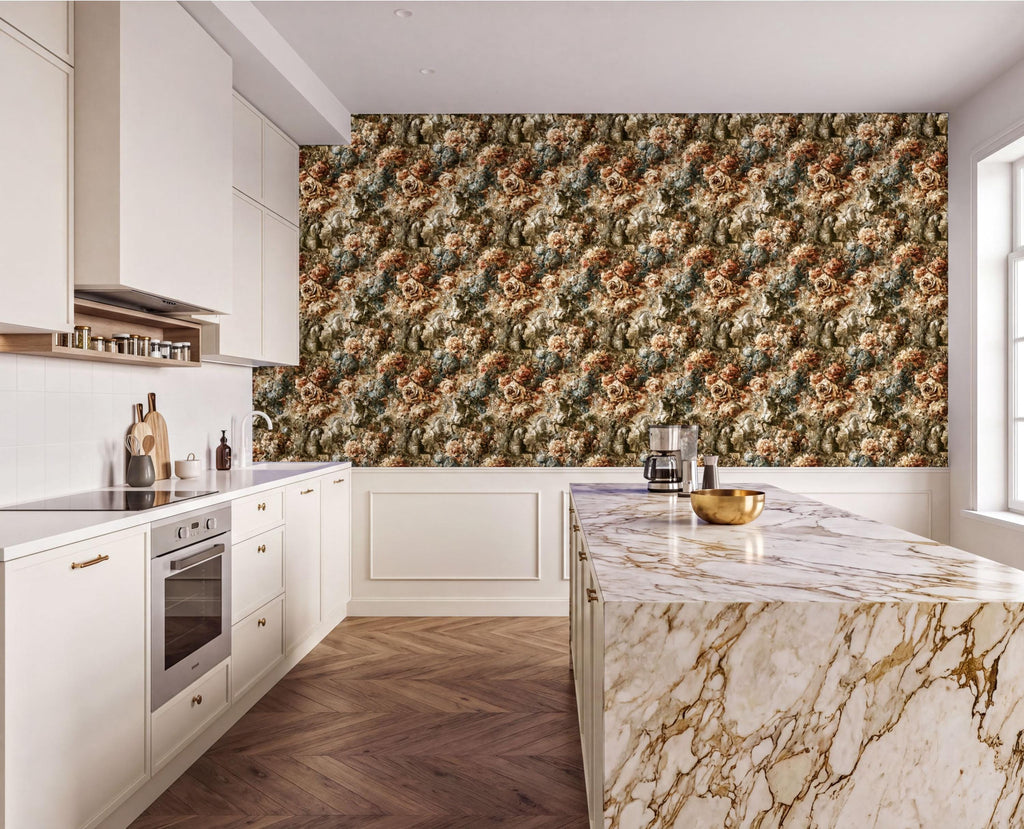 a modern kitchen with a marble countertop and white cabinets. The kitchen features a large floral wallpaper on the wall behind the countertop, creating a visually appealing and cohesive design.