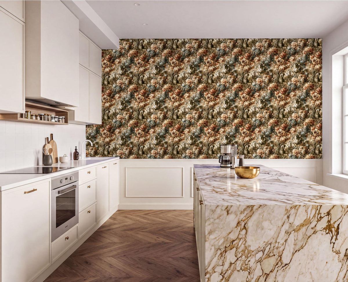 a modern kitchen with a marble countertop and white cabinets. The kitchen features a large floral wallpaper on the wall behind the countertop, creating a visually appealing and cohesive design.