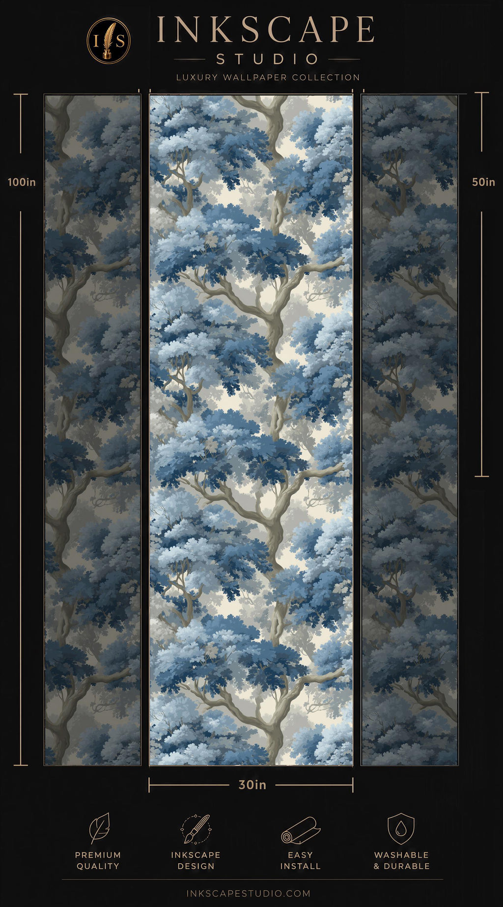The image is a collage of three vertical panels, each depicting a different view of a blue and white tree pattern. The panels are arranged in a vertical format, with the top panel on the left, the middle panel in the center, and the bottom panel on the right. The image is a collage of three separate images, each showcasing a different perspective of the tree pattern.