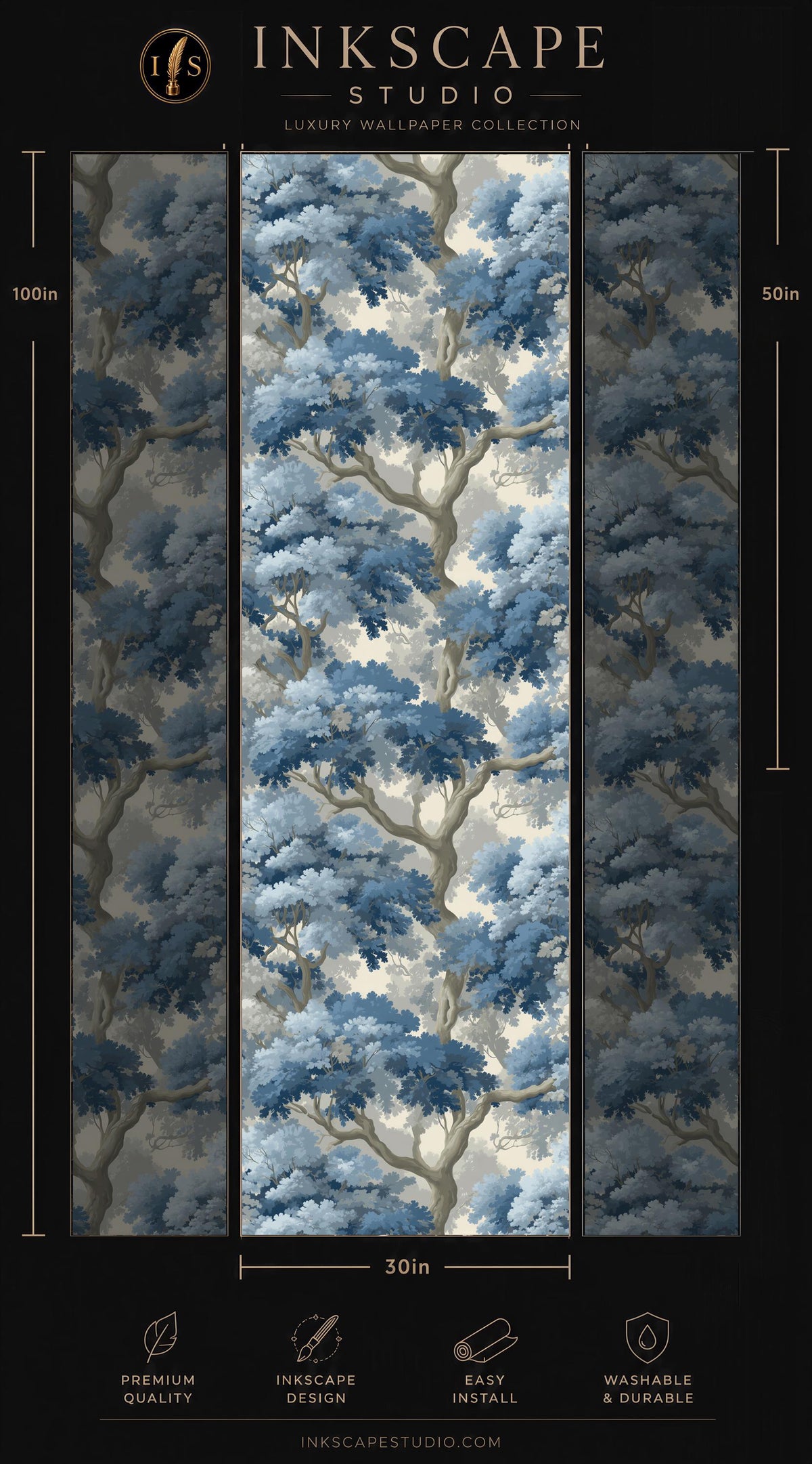 The image is a collage of three vertical panels, each depicting a different view of a blue and white tree pattern. The panels are arranged in a vertical format, with the top panel on the left, the middle panel in the center, and the bottom panel on the right. The image is a collage of three separate images, each showcasing a different perspective of the tree pattern.