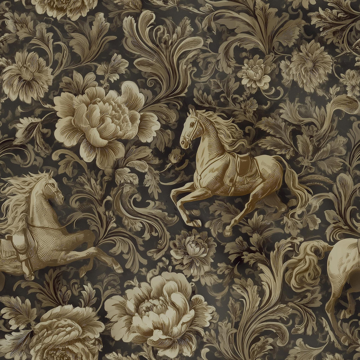 a detailed and ornate floral pattern with horses and flowers. The pattern is intricate and visually appealing, with the horses and flowers being the main focus. The overall design is rich in detail and texture, creating a sense of depth and complexity.