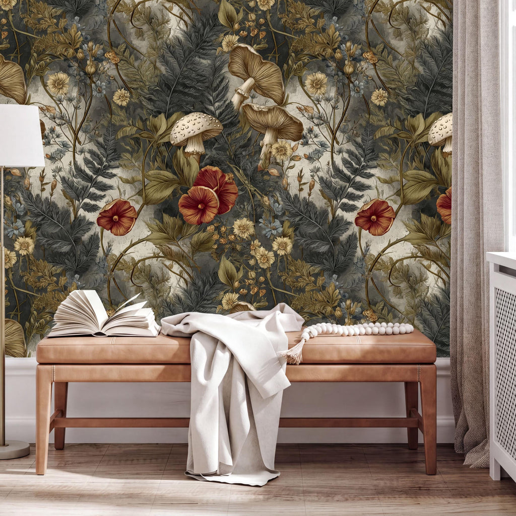a wooden bench with an open book on it, set against a wall with a vibrant, nature-inspired wallpaper.