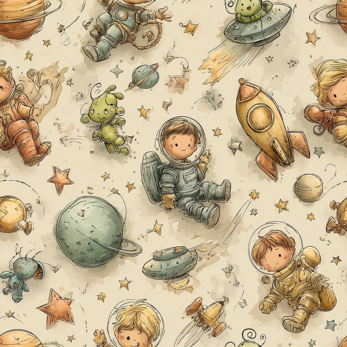 The image is a vibrant and whimsical collage featuring a variety of cartoon-style characters and objects, including a small boy in a spacesuit, a green alien, a rocket ship, a planet, and other celestial bodies and objects. The overall color palette is predominantly green, orange, and yellow, creating a cheerful and imaginative atmosphere.