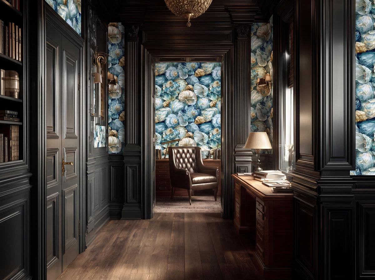 a luxurious and elegant room with dark wood paneling, a large window, and a patterned wallpaper. The room features a desk with a lamp, a chair, and a bookshelf filled with books. The overall atmosphere of the room is sophisticated and inviting.