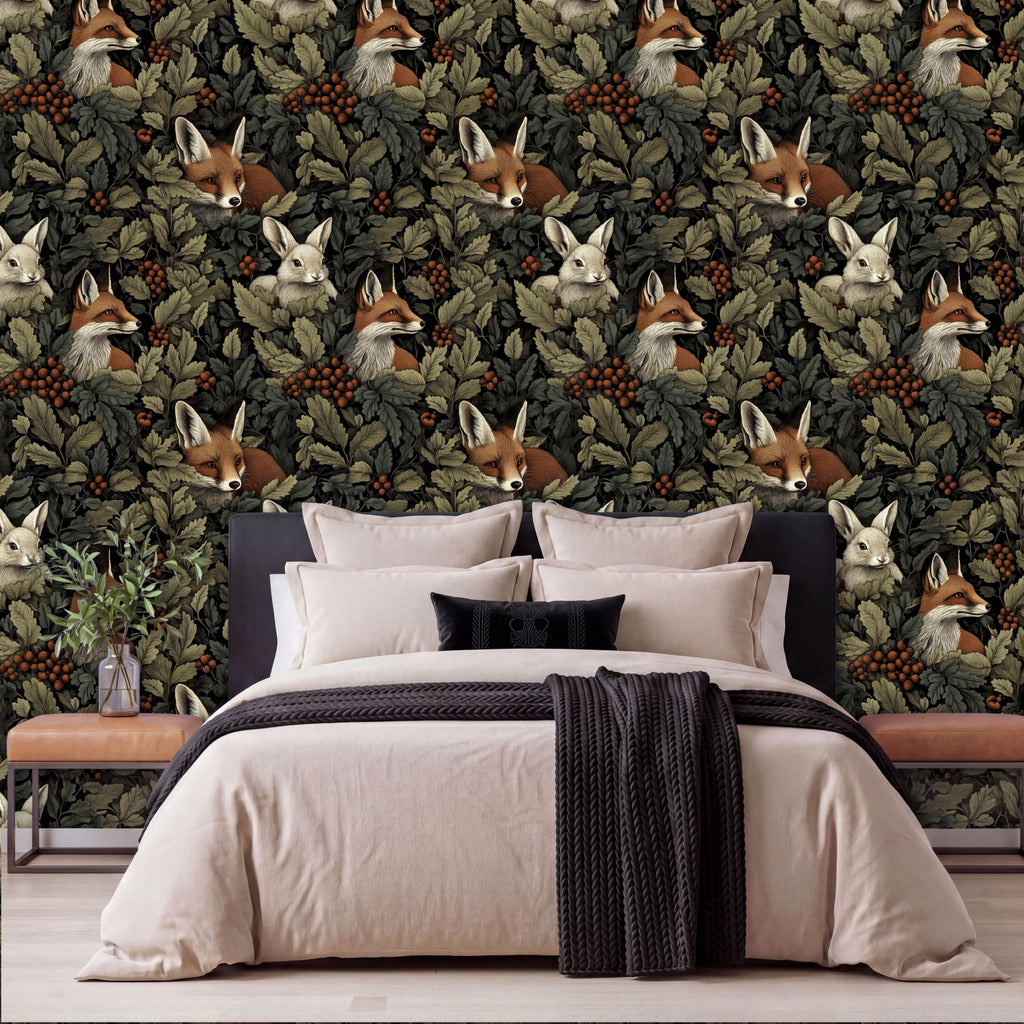 a bedroom with a large bed, a black blanket, and a wallpapered wall with a repeating pattern of foxes and leaves.