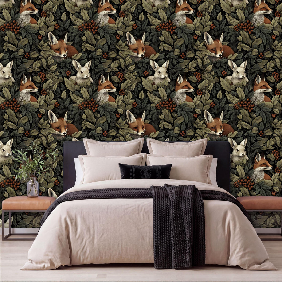 a bedroom with a large bed, a black blanket, and a wallpapered wall with a repeating pattern of foxes and leaves.