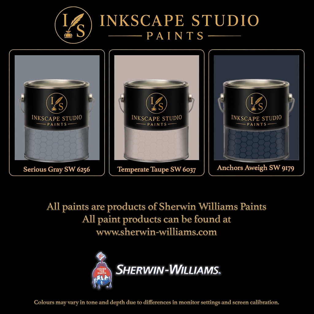 The image is an advertisement for Sherwin Williams paints, featuring three different paint color samples from the Inkscape Studio.