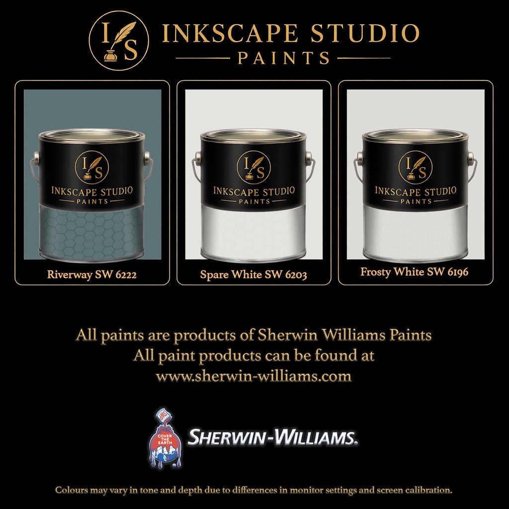 The image is an advertisement for Sherwin Williams paints, featuring three different paint cans with their respective colors: Riverway, Spare White, and Frosty White. The text on the image highlights the variety of paint colors available from the Inkscape Studio, and provides a website address for purchasing these paints.