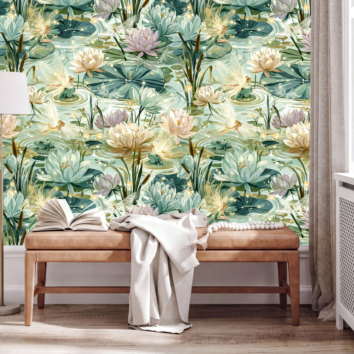 a vibrant and colorful wall mural depicting a lush, green pond with various flowers and plants. In the foreground, there is a wooden bench with an open book and a white blanket draped over it. The overall scene creates a serene and inviting atmosphere.