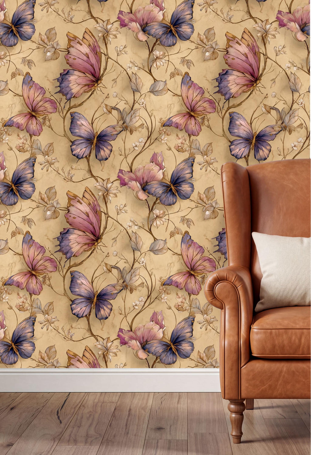 a wallpapered wall with a repeating pattern of purple and pink butterflies against a light brown background. In the foreground, there is a brown leather armchair with a white pillow on it.