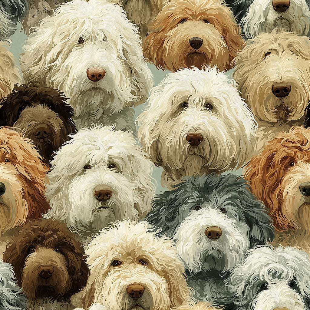The image is a collage of various fluffy white and brown dogs, each with a unique expression and pose, creating a visually appealing and diverse collection of canine portraits.