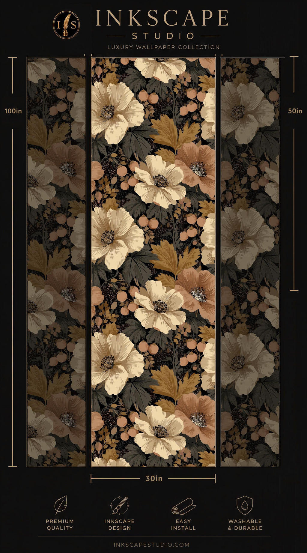 The image is a collage of three panels, each featuring a floral pattern in shades of brown and white. The panels are arranged in a vertical format, with the largest panel at the top and the smallest at the bottom. The image is described as a luxury wallpaper collection, and it is 30 inches wide. The panels are designed to be easy to install and washable.